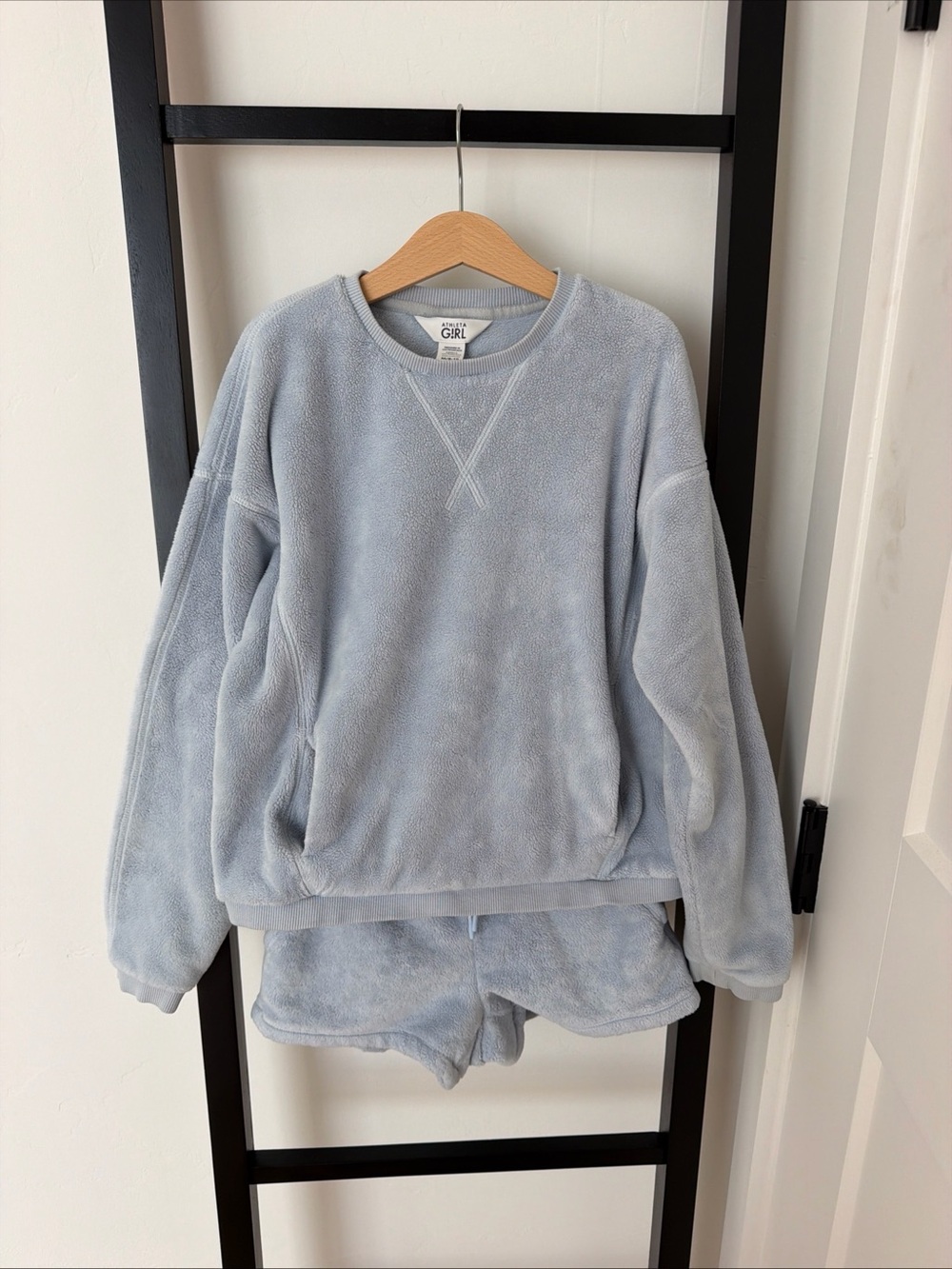 Athleta Light Blue Plush Pajama Set - Fleece Sweatshirt & Shorts